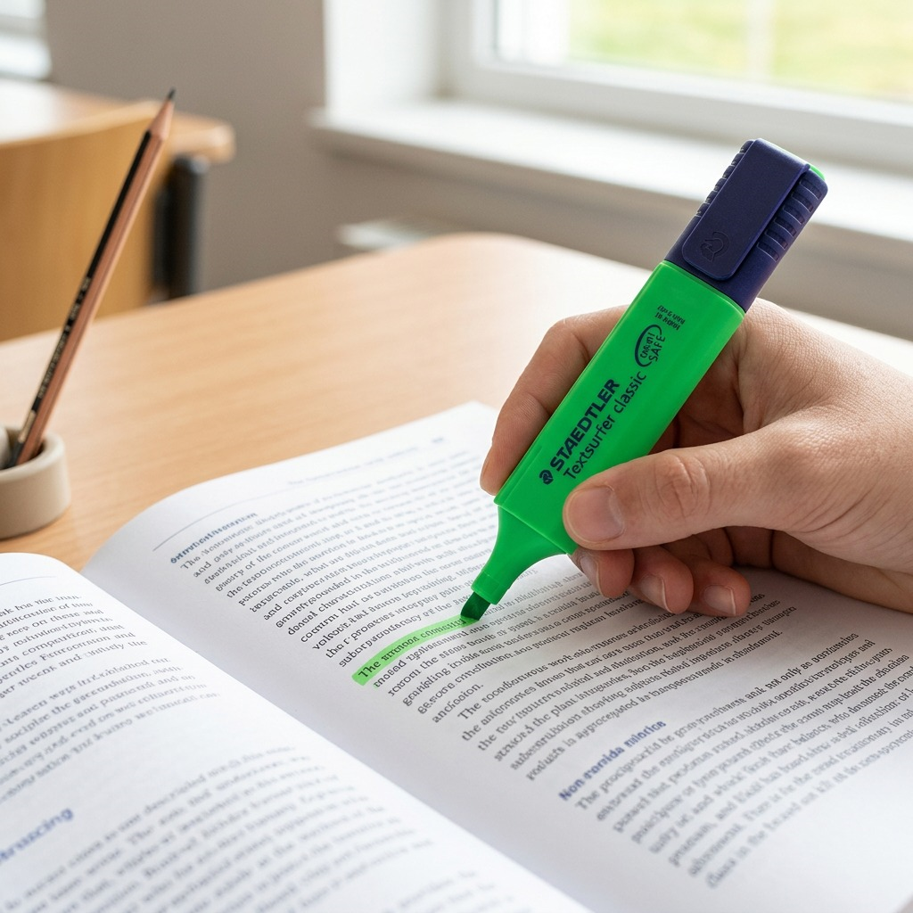 A photo of the green STAEDTLER highlighter being used to underline text in a textbook on a desk.