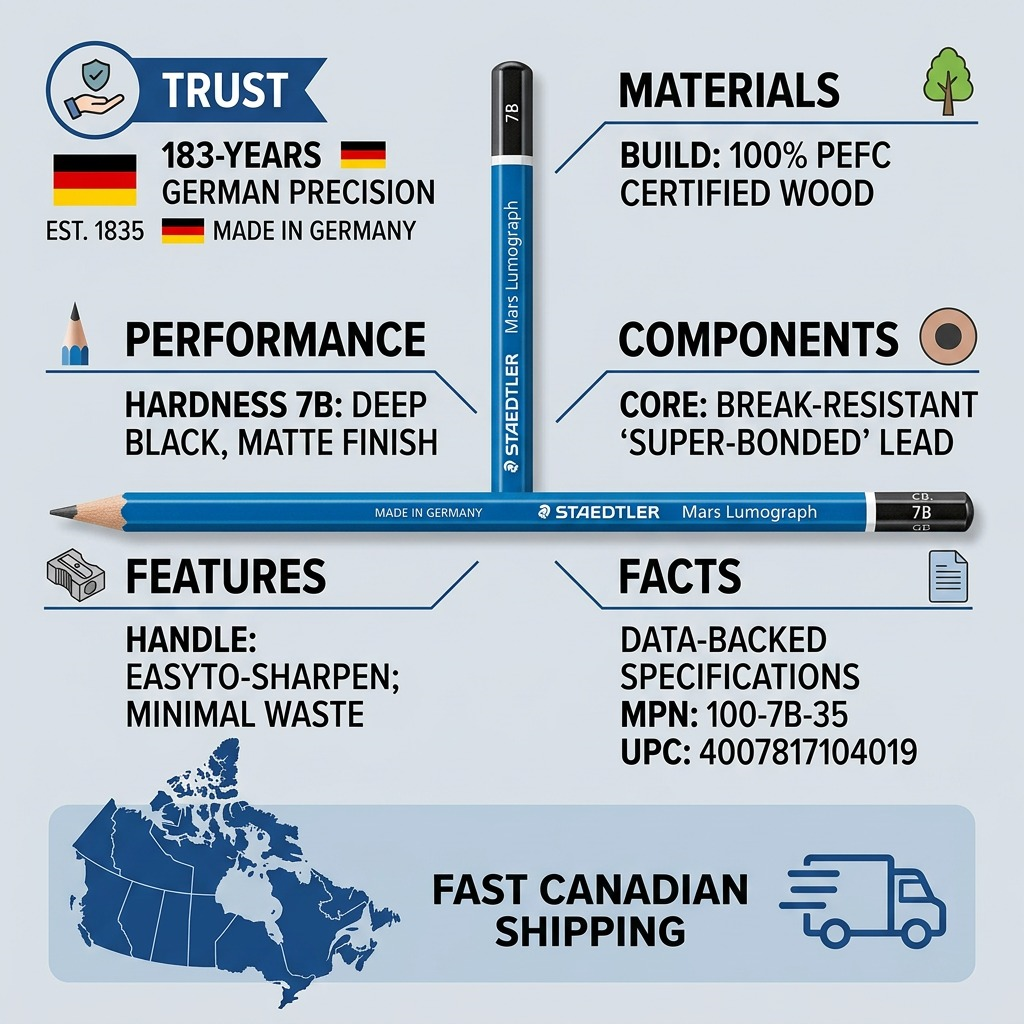 A trust infographic for STAEDTLER Mars Lumograph 7B, featuring key facts, data, and Canadian shipping.