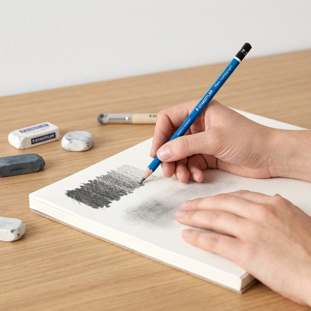 A life-style image of a STAEDTLER Mars Lumograph 7B pencil in a creative sketch on a paper.