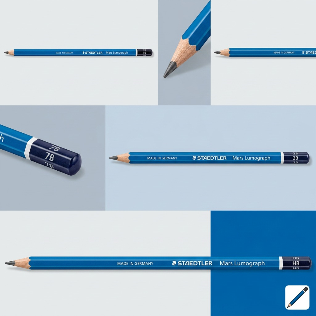 Matrix of STAEDTLER Mars Lumograph pencils (7B, 2B, HB) in clean, ecommerce styling.