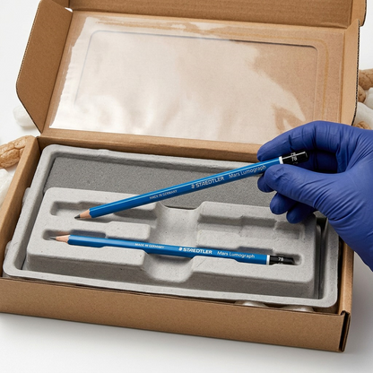A premium unboxing display showing two STAEDTLER Mars Lumograph 7B pencils protected in a custom grey molded tray and a cardboard box.
