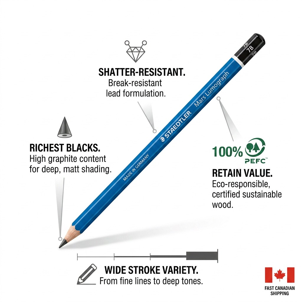STAEDTLER Mars Lumograph 7B pencil feature callout graphic with brief benefit descriptions and Canadian shipping.