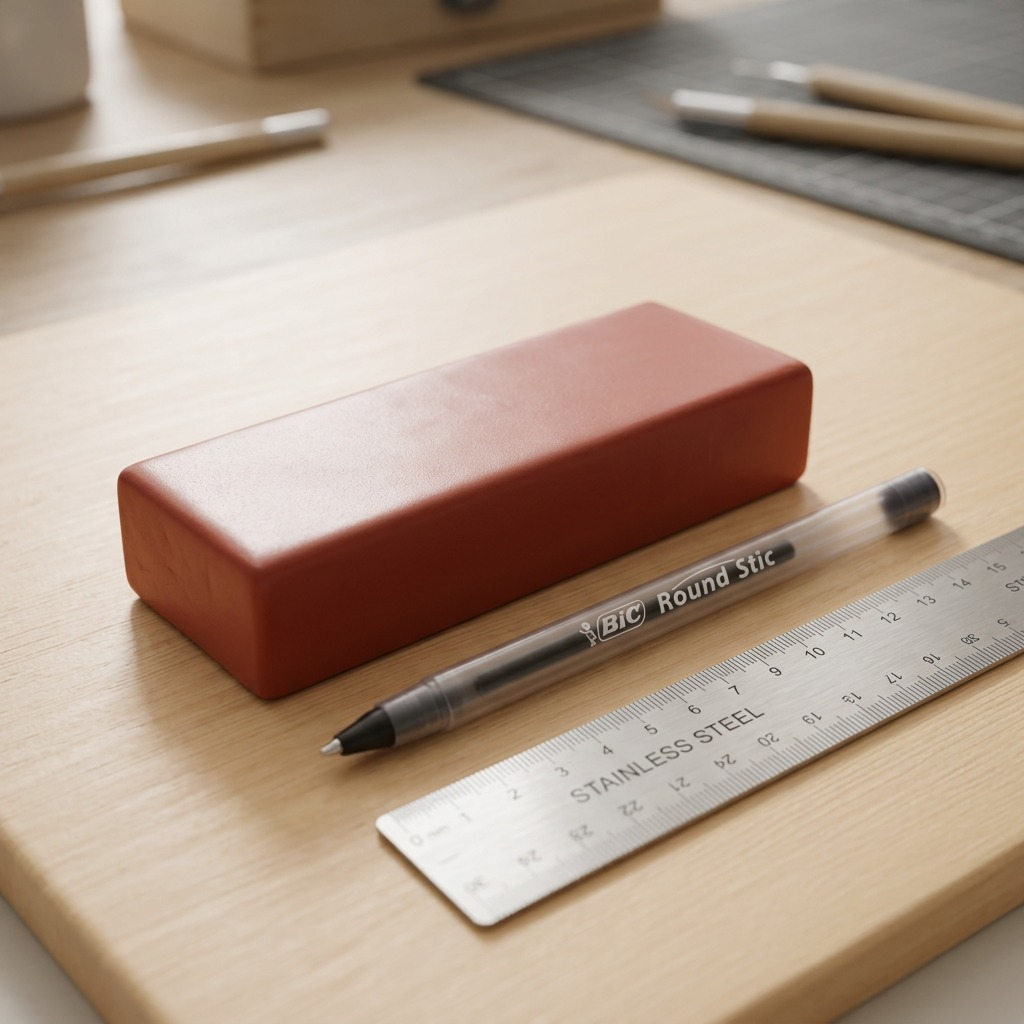 An unwrapped, reddish-brown Fimo Soft bar sits next to a standard plastic ballpoint pen and ruler on a workspace.