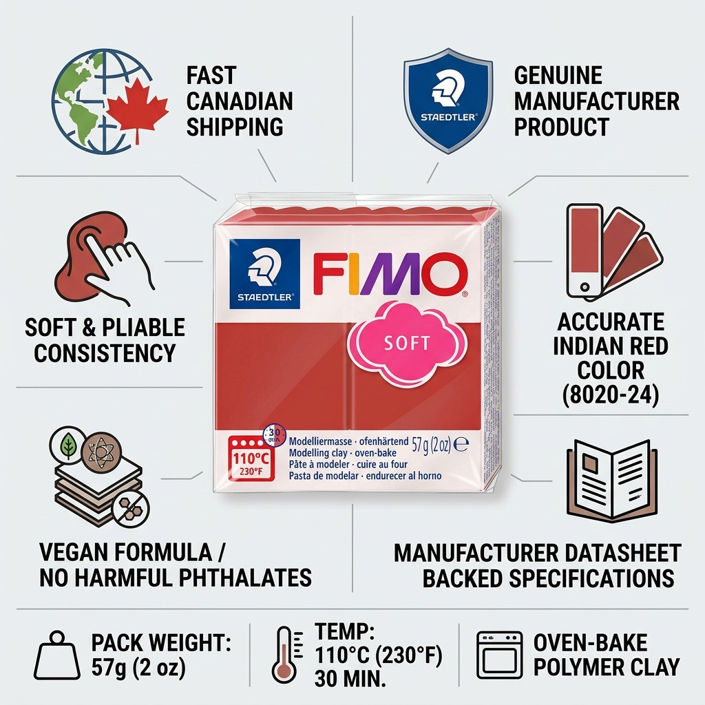 Infographic for STAEDTLER FIMO Soft Indian Red clay highlighting key features and fast Canadian shipping.