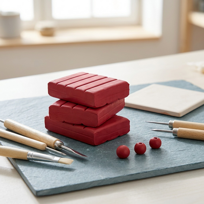 A naturalistic image of Indian Red FIMO Soft clay, without packaging, on a stone crafting tile.