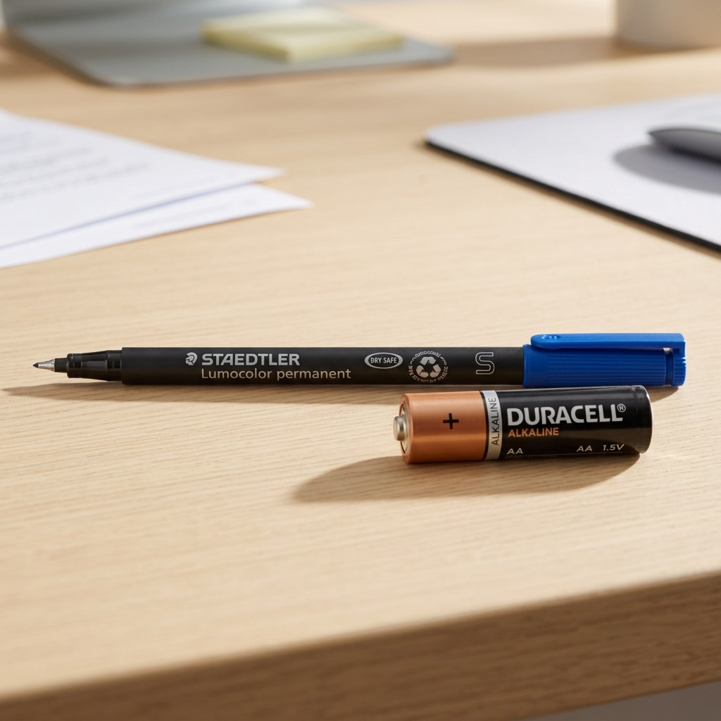 A photo-realistic scale reference, comparing the STAEDTLER 313-3 marker to a standard AA battery on a light-wood surface.