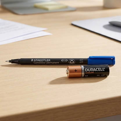 A photo-realistic scale reference, comparing the STAEDTLER 313-3 marker to a standard AA battery on a light-wood surface.