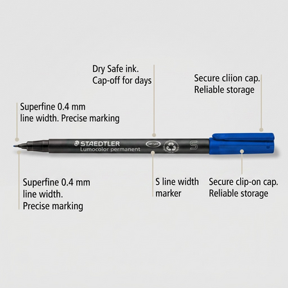 A functional visualization of the STAEDTLER Lumocolor permanent marker showing feature callouts.