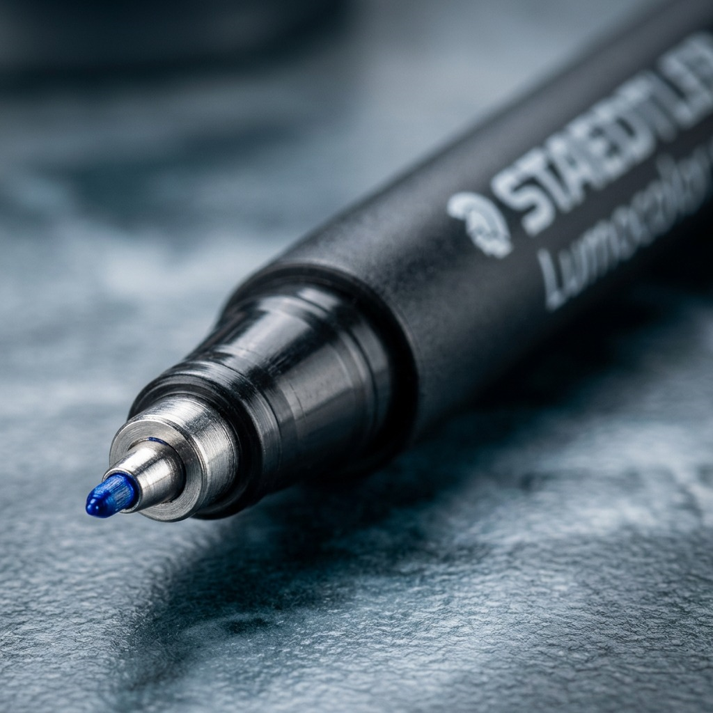 Macro shot of the blue STAEDTLER Lumocolor permanent marker's super fine metal tip.