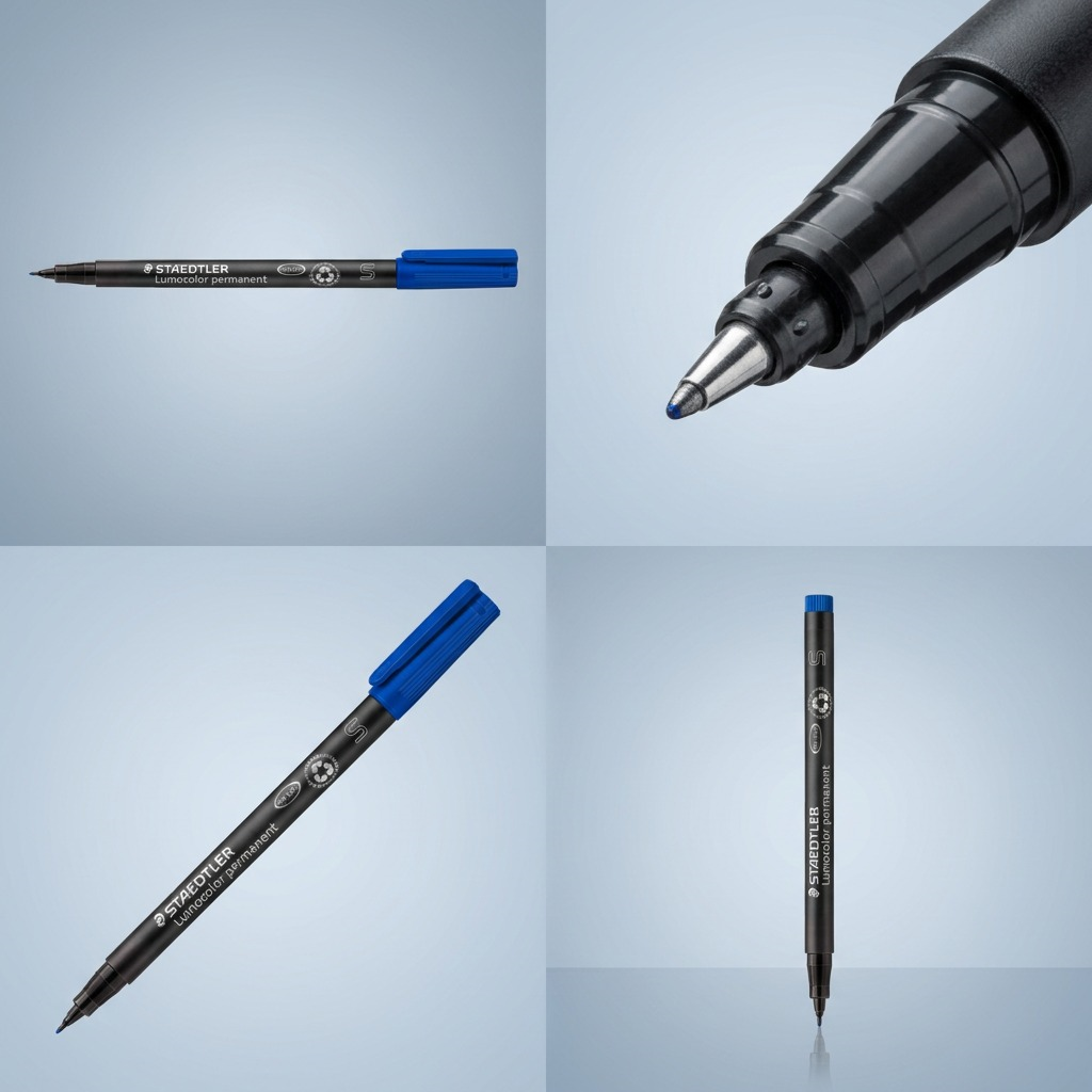 A four-panel product grid showcasing the blue fine-tip marker from multiple key angles.