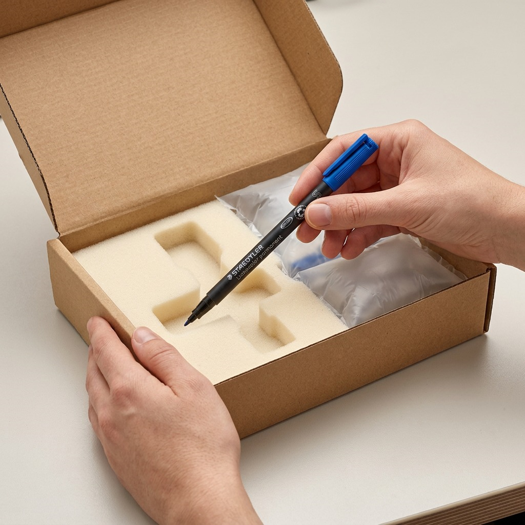 STAEDTLER blue permanent marker securely unboxed from a protective shipping box with foam.
