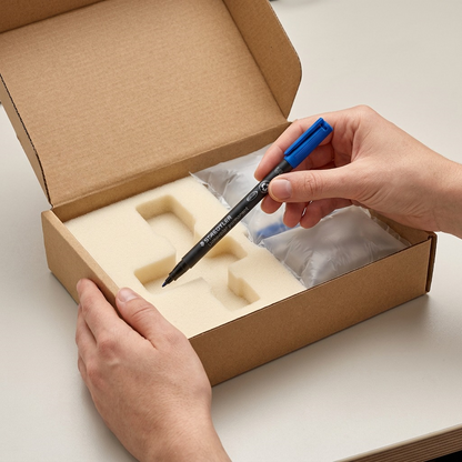 STAEDTLER blue permanent marker securely unboxed from a protective shipping box with foam.