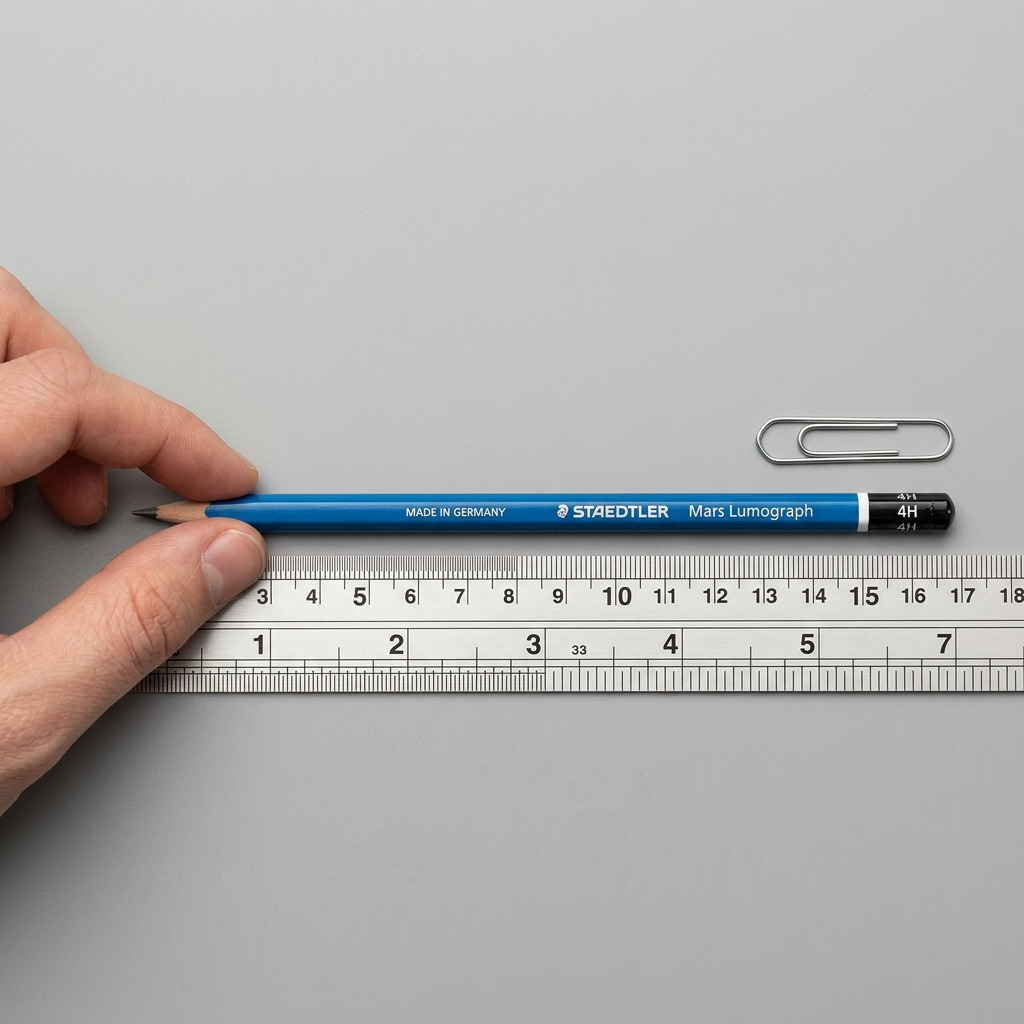 Scale accurate visual comparison of physical STAEDTLER Mars Lumograph 4H drawing pencil (100-4H) against an standard A4 paper size, a metric ruler, and a standard metal paper clip.