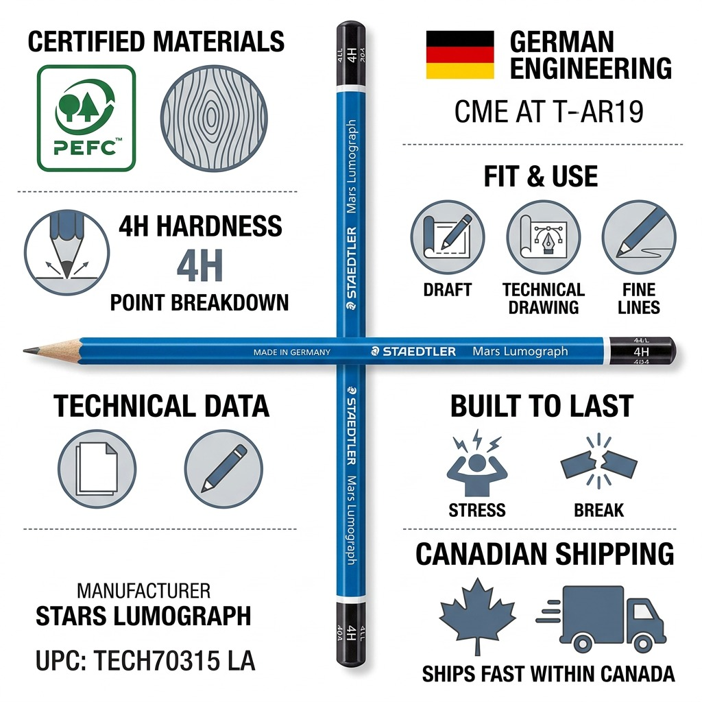 An ecommerce infographic visual matrix for the Staedtler Mars Lumograph 4H pencil, highlighting trust and authority through factual product details and Canadian availability.