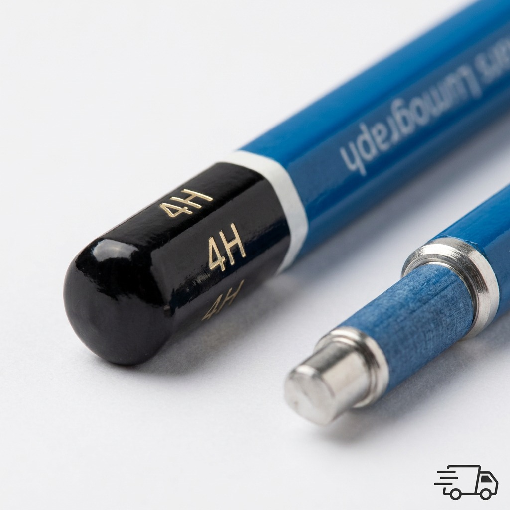 Macro detail photo of Staedtler Mars Lumograph 4H end cap, highlighting the gold grade marking and black dip.