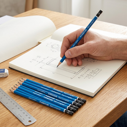A lifestyle shot showing two STAEDTLER Mars Lumograph 4H pencils on a wooden desk with a sketchbook.