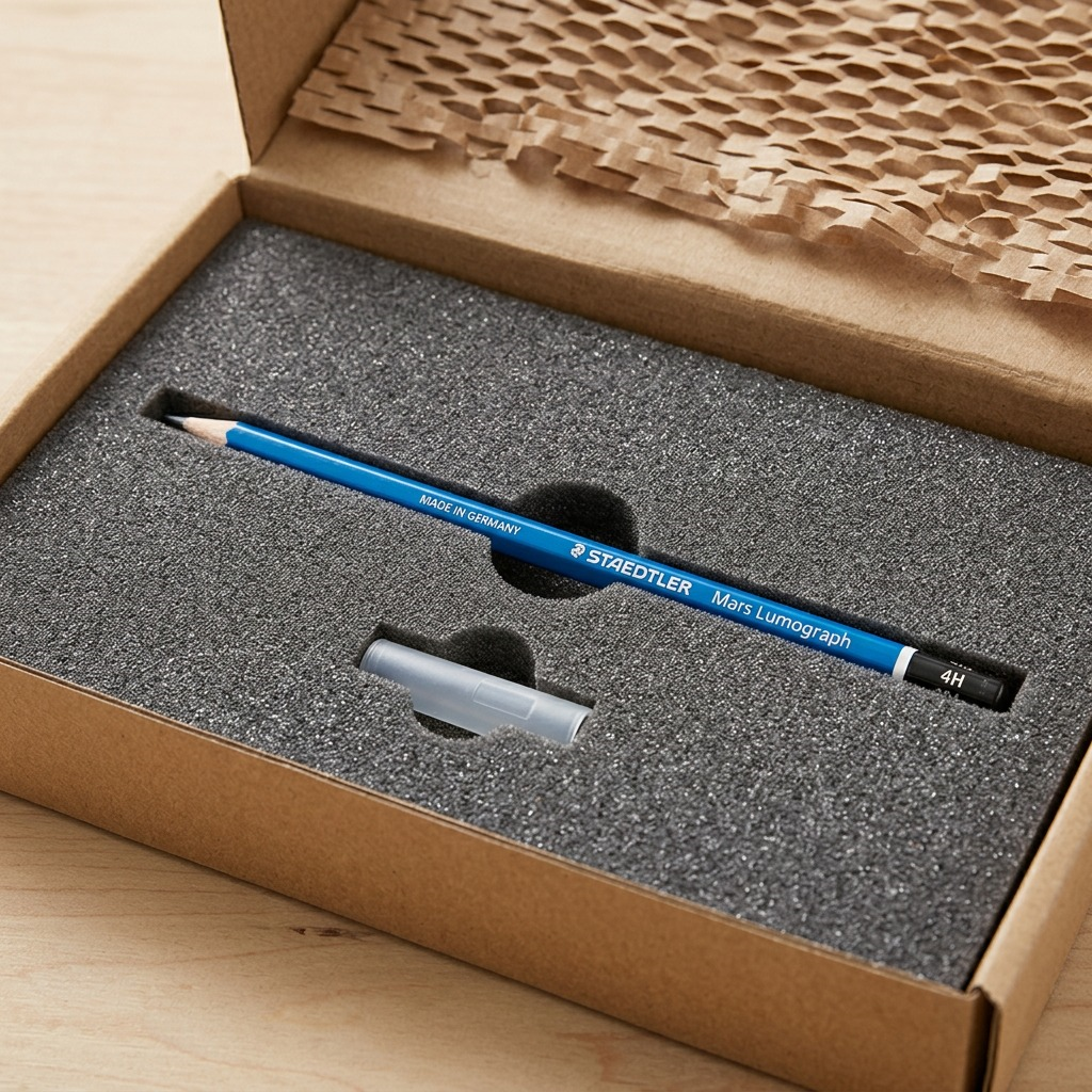 The Staedtler Mars Lumograph 4H pencil securely nested in customized foam packaging within a delivery box.