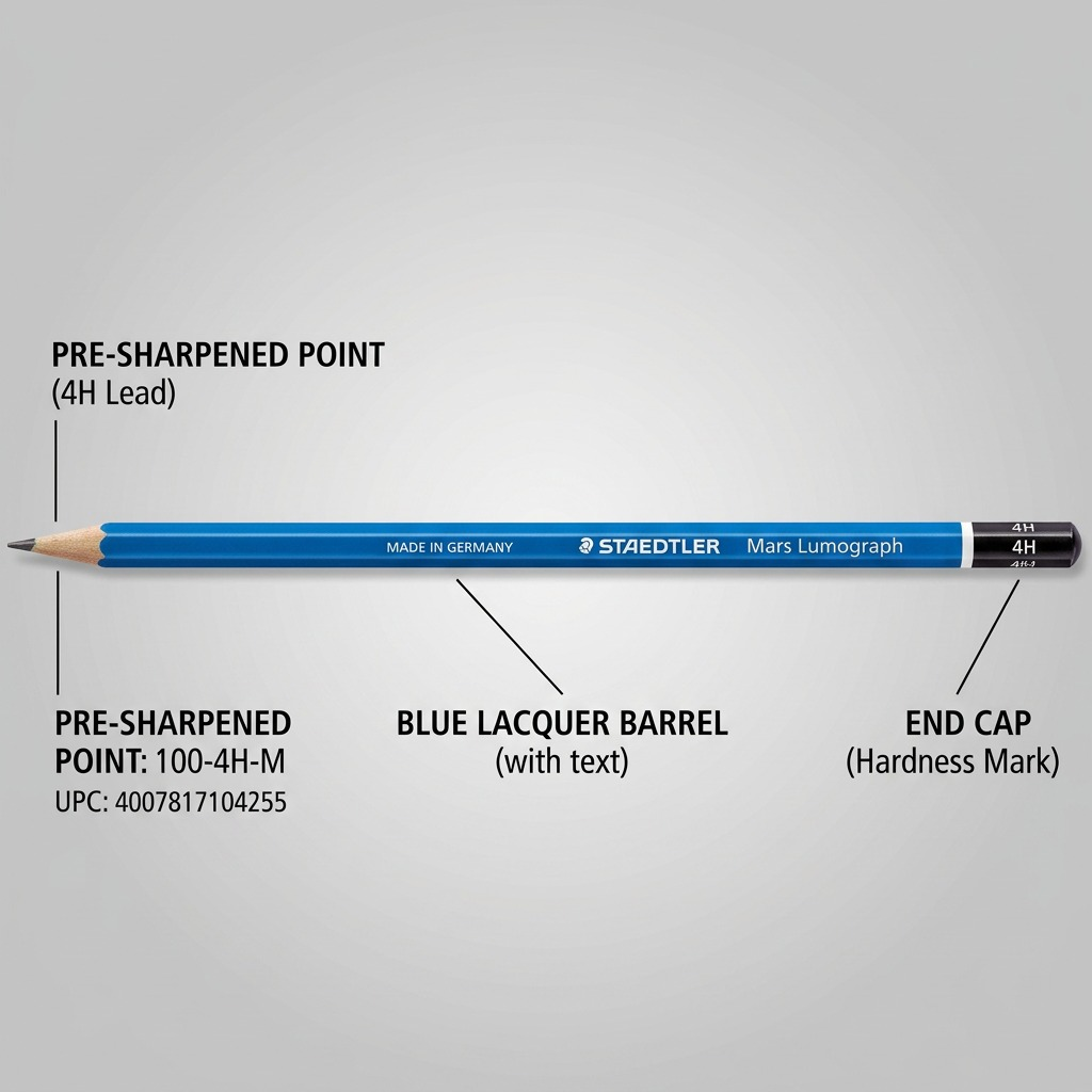 Operational feature graphic of the STAEDTLER Mars Lumograph 4H pencil, highlighting key components: Pre-sharpened Point (4H Lead), Blue Lacquer Barrel (with text), and End Cap (Hardness Mark).