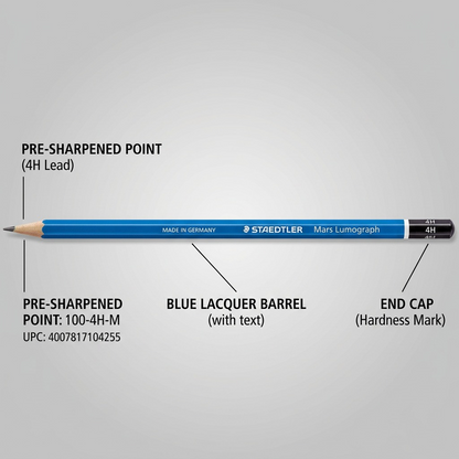 Operational feature graphic of the STAEDTLER Mars Lumograph 4H pencil, highlighting key components: Pre-sharpened Point (4H Lead), Blue Lacquer Barrel (with text), and End Cap (Hardness Mark).