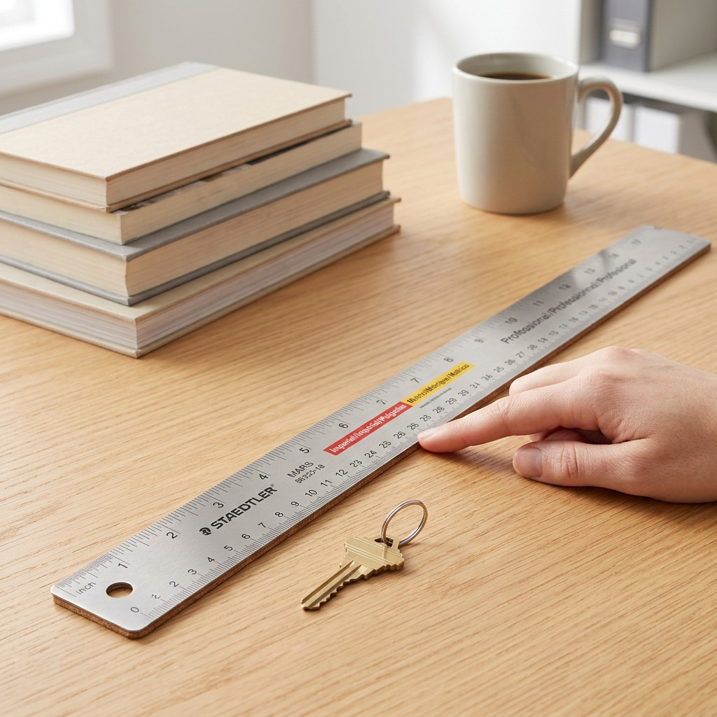 A 3/4-view photo showing an 18-inch STAEDTLER stainless steel ruler with a cork back lying on an office desk, positioned next to a standard AA battery and partially under the hand of a person for scale.