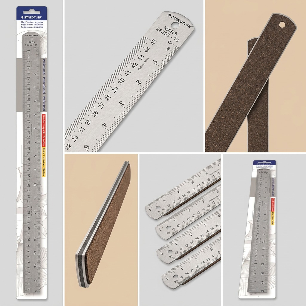 Grid of six views of a Staedtler steel ruler with cork back, showing faces, angles, and backing.