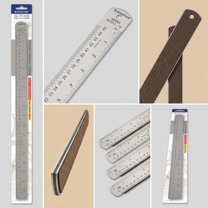 Grid of six views of a Staedtler steel ruler with cork back, showing faces, angles, and backing.