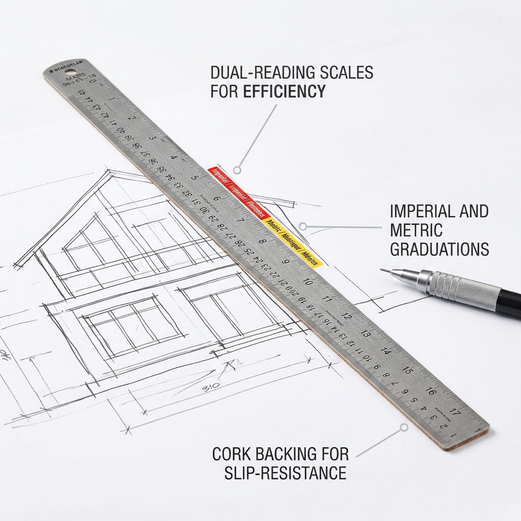 An operational feature callout visual highlighting the Staedtler 18-inch ruler's imperial/metric scales and cork backing on an architectural sketch.