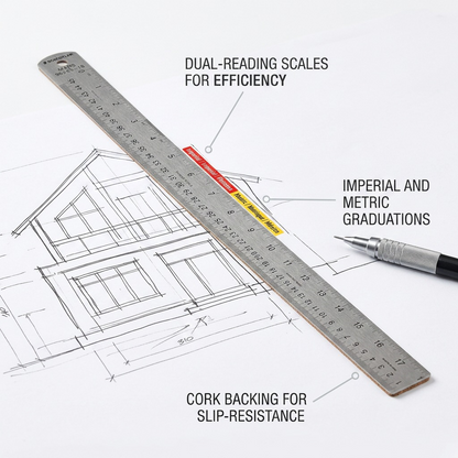 An operational feature callout visual highlighting the Staedtler 18-inch ruler's imperial/metric scales and cork backing on an architectural sketch.