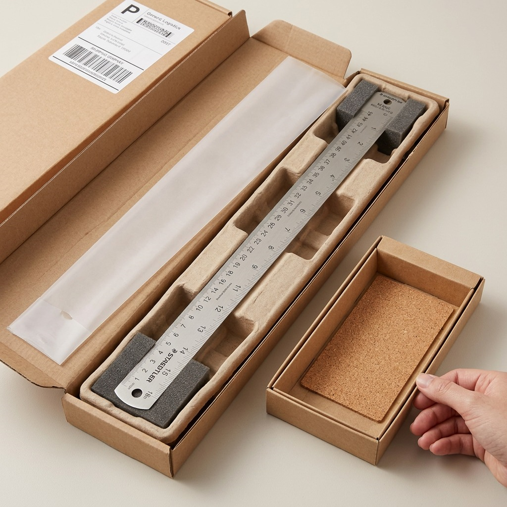 Unboxing view showing a STAEDTLER steel ruler, MPN 96353-18BK04, carefully nestled in custom-fit padding within a cardboard box.