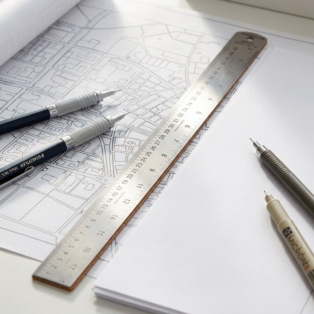 The STAEDTLER Mars 96353 steel ruler is shown in a professional design studio, used on a technical blueprint map.
