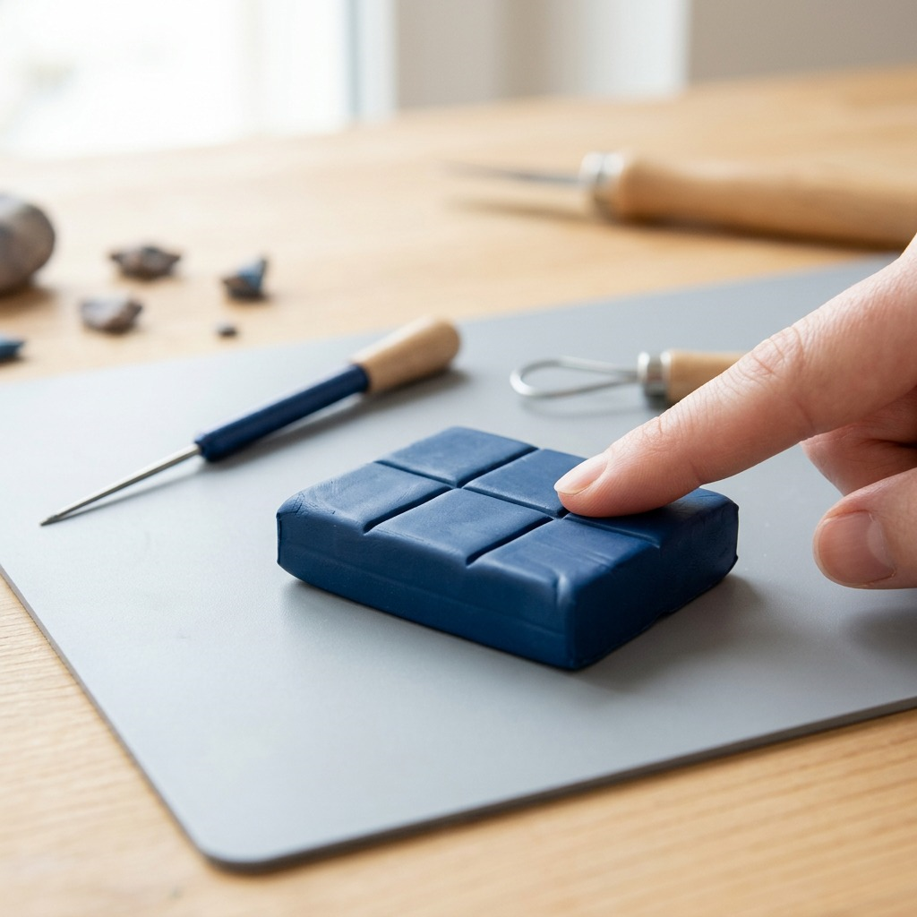 A block of FIMO Soft modelling clay in Windsor blue is used on a clean crafting mat, with sculpting tools nearby.
