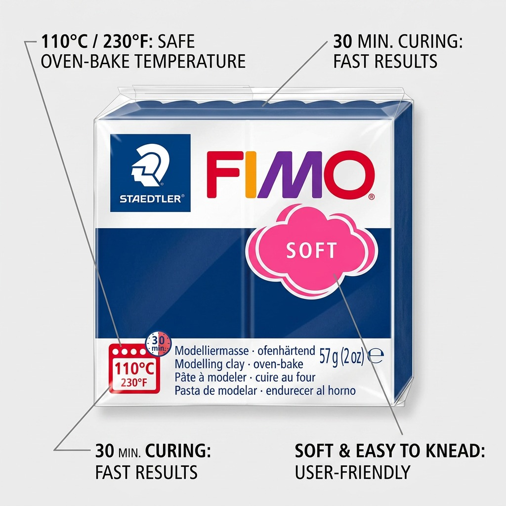 PDP feature callout graphic for STAEDTLER Fimo Soft Windsor Blue clay, highlighting oven-bake time and temperature specifications.
