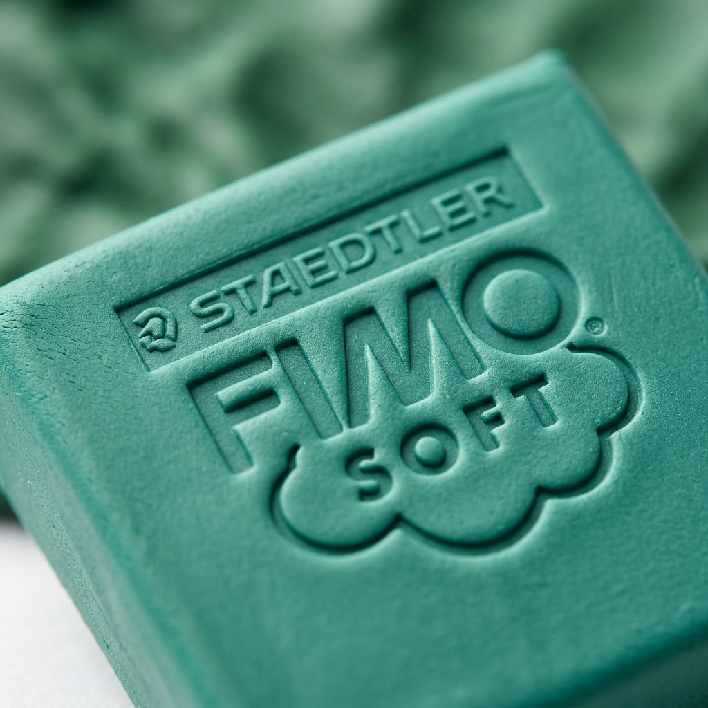Macro extreme close-up of emerald green Fimo Soft clay texture, showing clear embossed text and details.