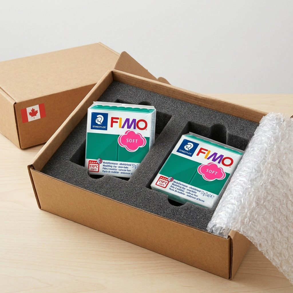 A premium unboxing view, with two pristine fimo soft emerald packs emerging from protective foam and a clean cardboard box.