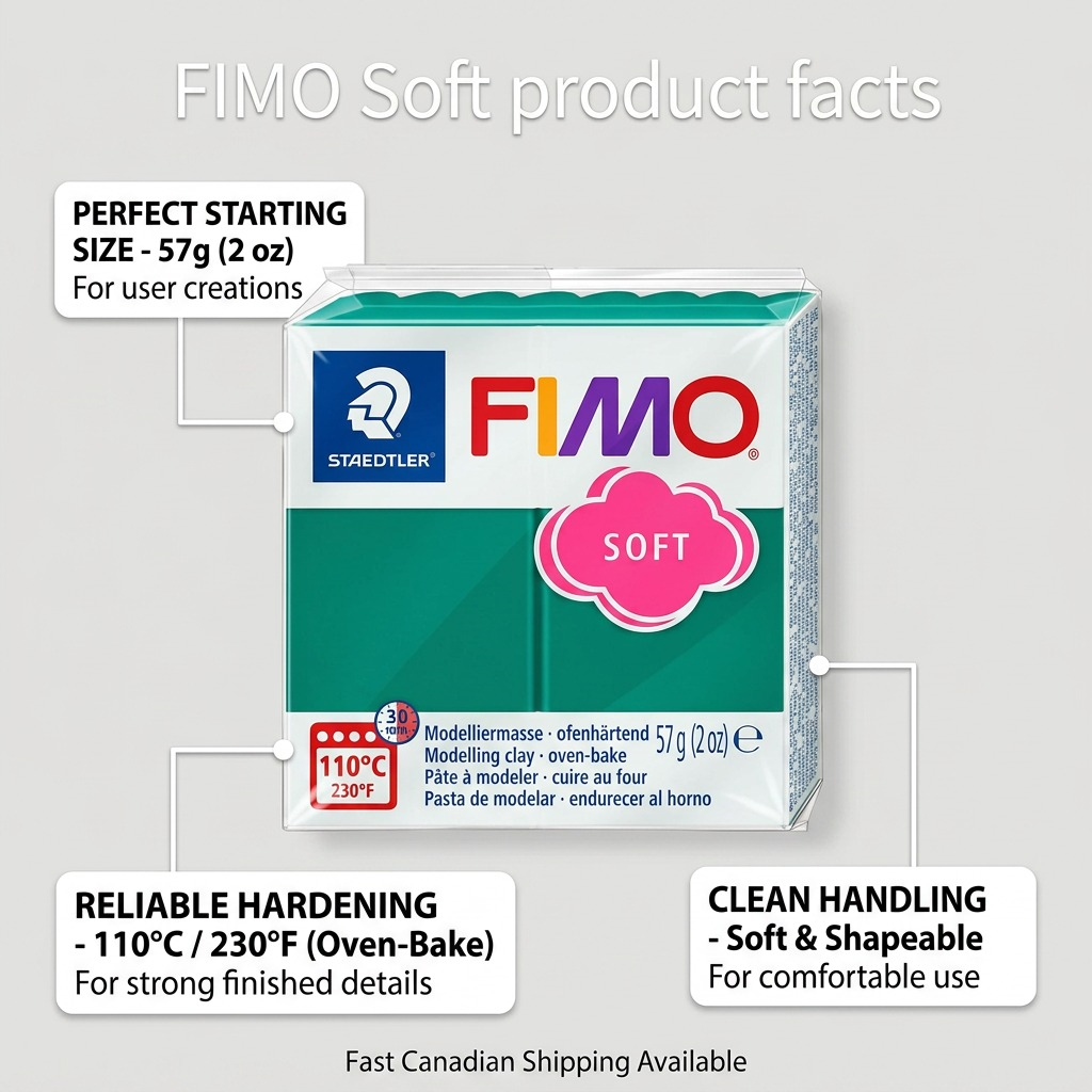Feature infographic for STAEDTLER FIMO Soft clay, detailing baking, weight, and consistency on a clean workspace.