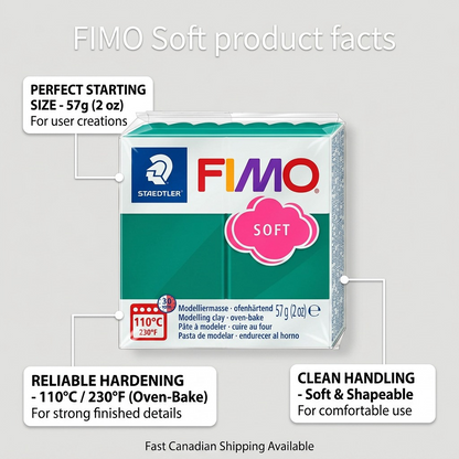 Feature infographic for STAEDTLER FIMO Soft clay, detailing baking, weight, and consistency on a clean workspace.