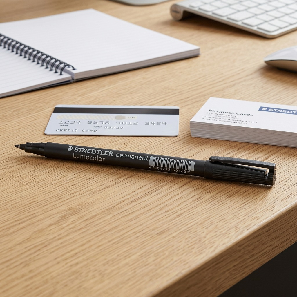 An image of the STAEDTLER permanent special Lumocolor F marker next to the edge of a standard credit card and a business card on a textured wooden desk, providing a visual scale reference.