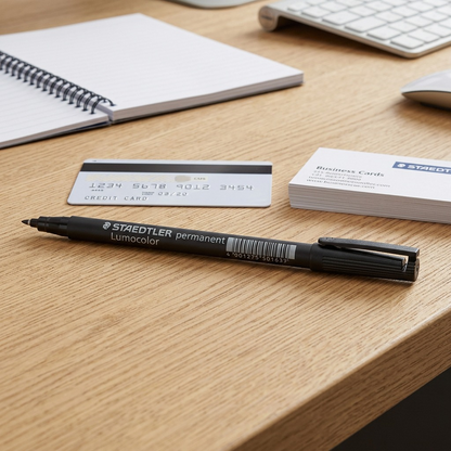 An image of the STAEDTLER permanent special Lumocolor F marker next to the edge of a standard credit card and a business card on a textured wooden desk, providing a visual scale reference.