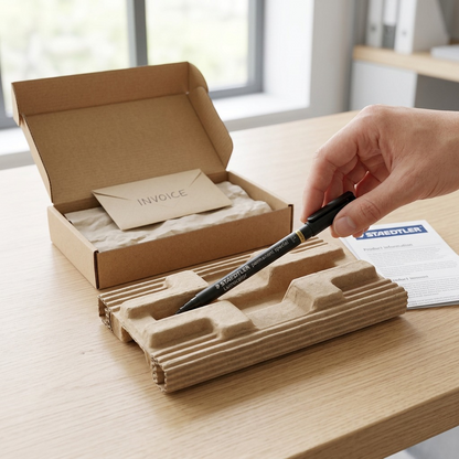 A high-resolution image showcasing a black STAEDTLER permanent special marker carefully placed inside an open, white branded box, suggesting a premium unboxing experience with ample protective padding to prevent shipping damage. The product is seen with its cap on, highlighting the brand logo and 'permanent special F' text.