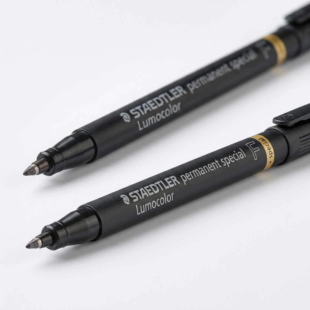 Macro photo of the STAEDTLER permanent special Lumocolor F fine-point pen nib, barrel texture, and crisp print details.