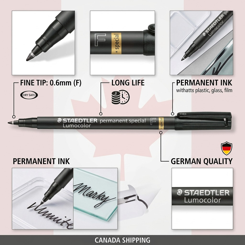 A detailed product infographic showcasing the features of the STAEDTLER Lumocolor permanent special marker. It highlights the fine 0.6mm tip, long life with "DRY SAFE" technology, permanent ink that adheres to plastic, glass, and film, and German quality manufacturing. Zoom-in illustrations show the marker in use on a plastic surface, a glass sheet marked "Marky", and a translucent film, and a close-up of the company logo on the barrel. Includes a "CANADA SHIPPING" banner.