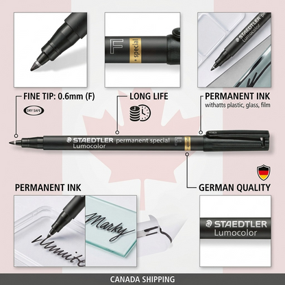 A detailed product infographic showcasing the features of the STAEDTLER Lumocolor permanent special marker. It highlights the fine 0.6mm tip, long life with "DRY SAFE" technology, permanent ink that adheres to plastic, glass, and film, and German quality manufacturing. Zoom-in illustrations show the marker in use on a plastic surface, a glass sheet marked "Marky", and a translucent film, and a close-up of the company logo on the barrel. Includes a "CANADA SHIPPING" banner.