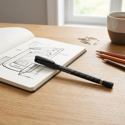 A realistic photo of a black STAEDTLER permanent marker with its cap on resting on a wooden desk next to a sketchbook with a drawing and scattered paper clips.
