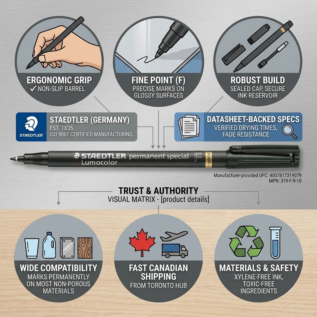 Infographic matrix for the STAEDTLER permanent special Lumocolor F showing features like ergonomic grip, fine tip, robust build, validated specs, materials safety, and fast Canadian shipping.