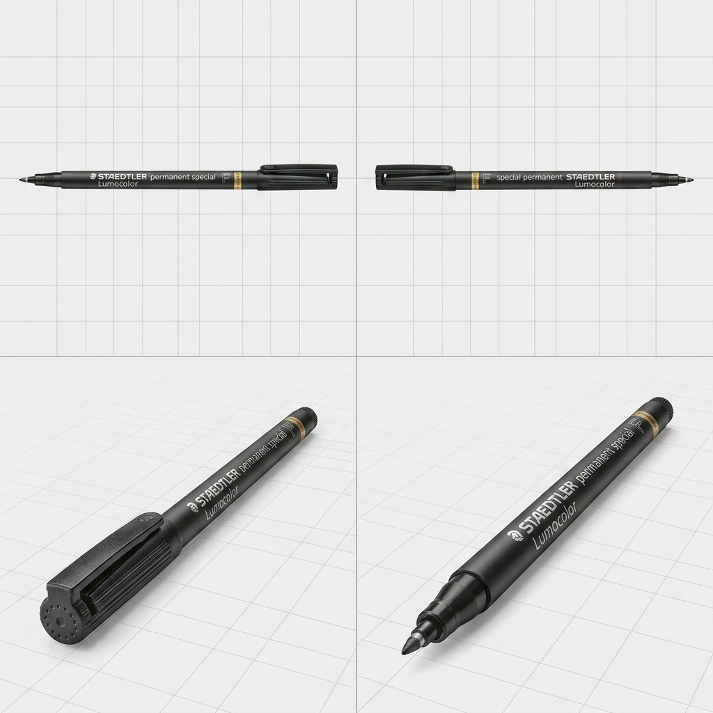 A clean, premium e-commerce matrix grid displaying the specific STAEDTLER permanent special pen from four different useful angles. The views include a product profile (left-facing), a reverse profile (right-facing), an angled perspective with the fine tip in focus, and an angled view of the capped end. All views feature the same accurate branding and a neutral light grey background.