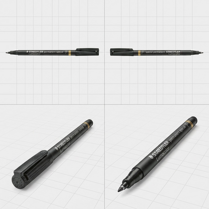 A clean, premium e-commerce matrix grid displaying the specific STAEDTLER permanent special pen from four different useful angles. The views include a product profile (left-facing), a reverse profile (right-facing), an angled perspective with the fine tip in focus, and an angled view of the capped end. All views feature the same accurate branding and a neutral light grey background.
