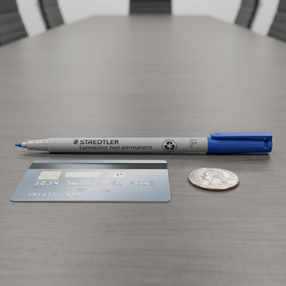 Scale reference photo of a blue STAEDTLER Lumocolor non-permanent fineliner next to a credit card.