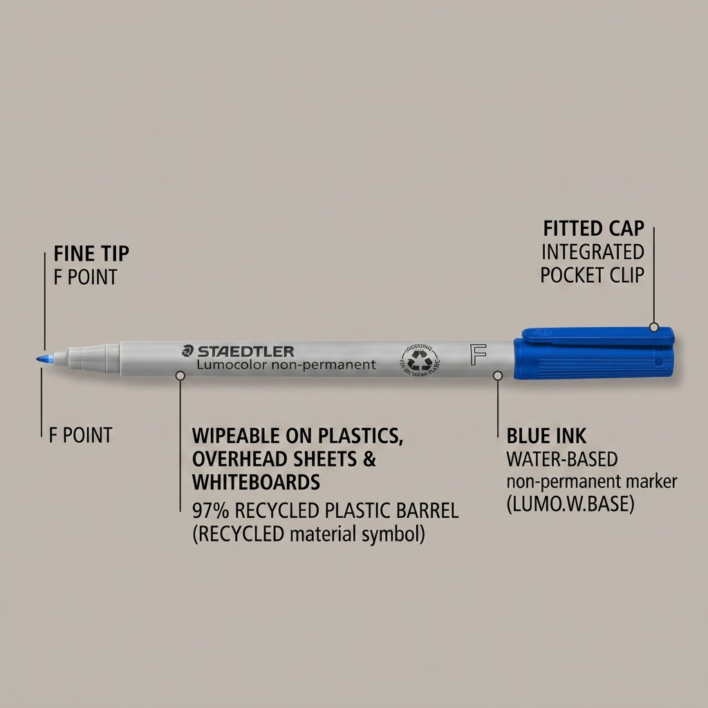 Diagram showing a blue Staedtler Lumocolor non-permanent fine marker with labels: fine tip, non-permanent ink, recycled barrel, and integrated clip.