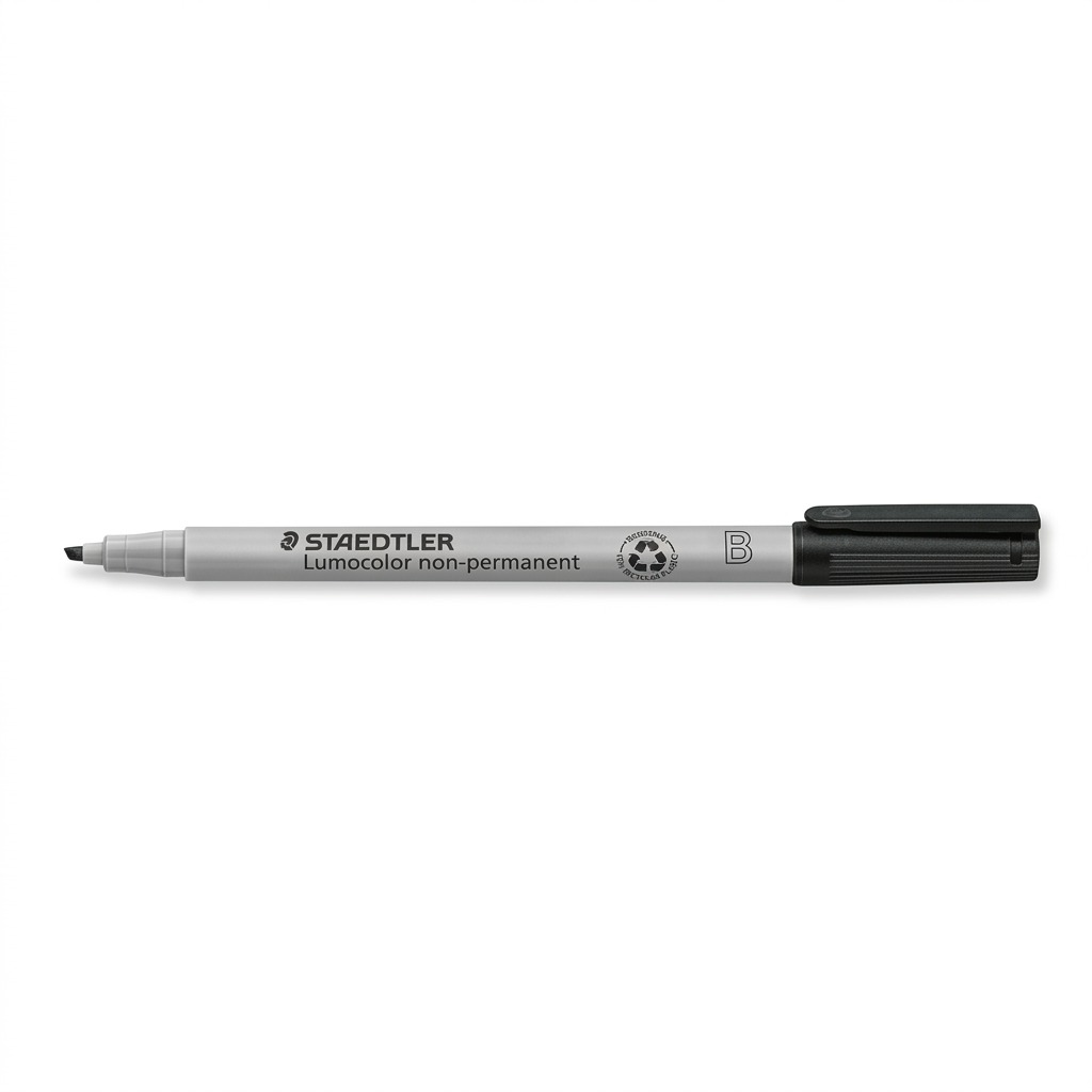 A high-resolution, pure white background product image of a single STAEDTLER Lumocolor non-permanent chisel tip marker in black (312-9).