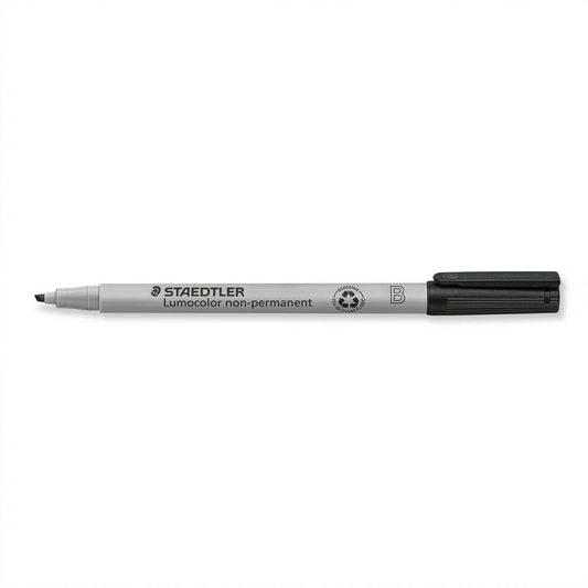 A high-resolution, pure white background product image of a single STAEDTLER Lumocolor non-permanent chisel tip marker in black (312-9).